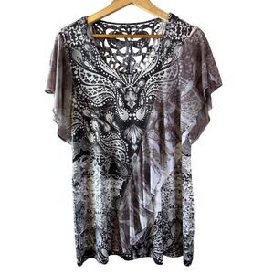 One World XL Flutter Sleeve Top Gray Black Print Sheer Crochet Fairy Whimsygoth